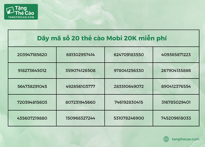 Dãy mã số của 20 thẻ cào mobi miễn phí có trị giá 20k