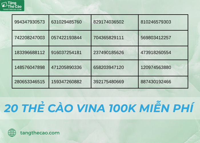 20 thẻ cào Vina 100K miễn phí